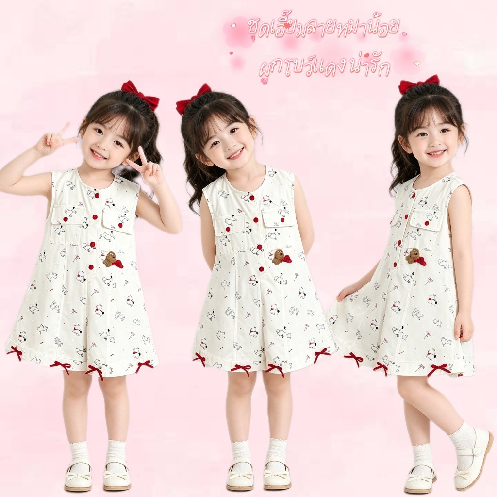 BB267 ชุดเอี๊ยมเด็กผู้หญิงสไตล์เกาหลี ลายหมาน้อย กระดุมหน้า ใส่สบาย