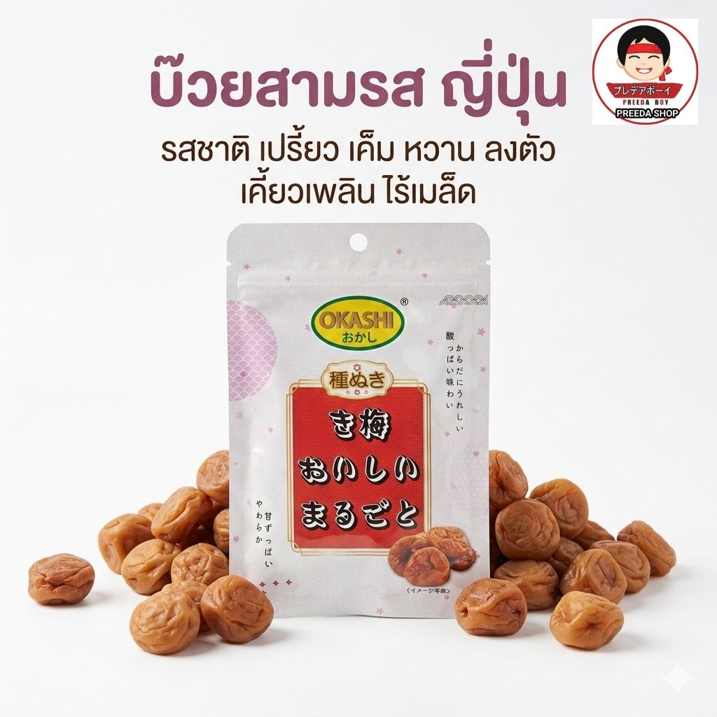 OKASHI Japanese Plum บ๊วยญี่ปุ่น ไร้เมล็ด บ๊วย3รส เนื้อนุ่มทานง่าย (24g -70g) บรรจุถุงซิปล็อค