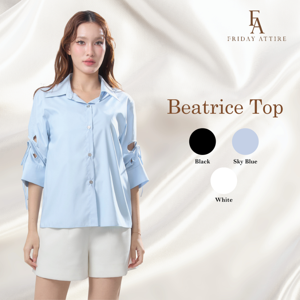 Friday Attire เสื้อเชิ้ตแต่งแขนดอกไม้ (Beatrice top : FT-110)
