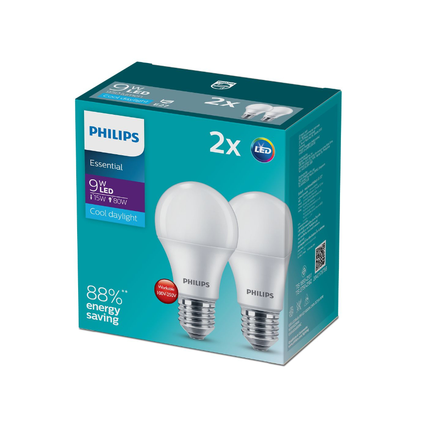 [ของแถม] Philips หลอดไฟ LED Essential Bulb 9 วัตต์ ขั้ว E27 สีคูลเดย์ไลท์ (6500K)_แพ็กคู่