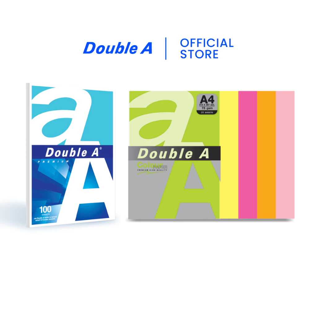 [เซตคู่] Double A กระดาษ 80 แกรม 100 แผ่น คู่กับ กระดาษสี 75 แกรม 25 แผ่น Rainbow Neon 1 แพ็ก