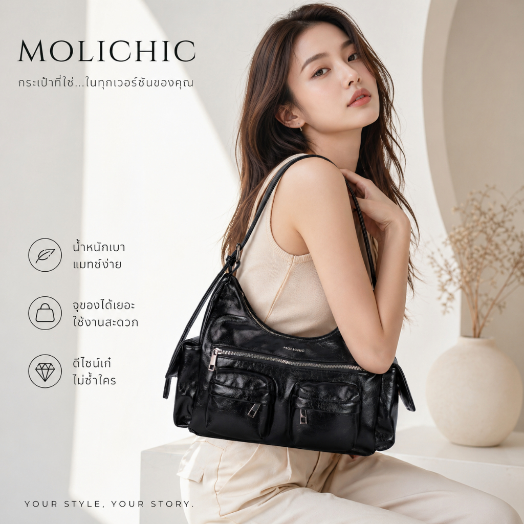 MOLICHIC Hobo Bag กระเป๋าสะพายข้างสไตล์วินเทจ Y2K กระเป๋าผู้หญิงช่องเยอะ จุของได้เยอะ ทรงสวย ทันสมัย