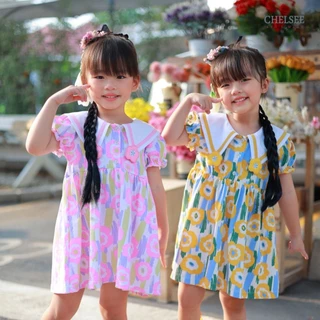 Chelsee ชุดเดรสกระโปรง ปกแหลม แขนตุ๊กตา ลายดอกไม้ ผ้า 100%Cotton เด็กผู้หญิง อายุ 1.5-10ปี เสื้อผ้าเด็ก รุ่น 238264