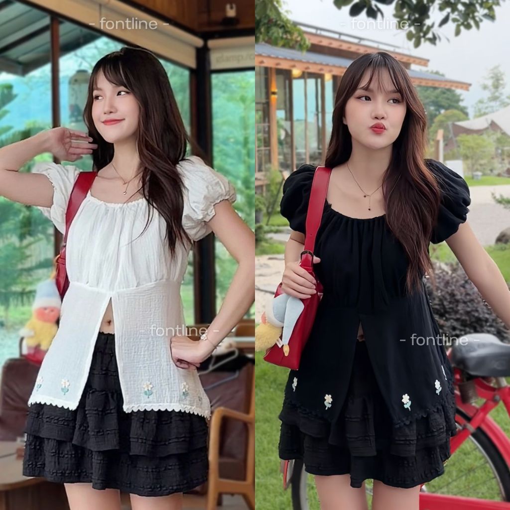 FONTLINE เสื้อแขนตุ๊กตา ผ้าสาลู2ชั้น ใส่สบายผ้านิ่ม มีซับด้านใน cotton salou ดีเทลแหวกหน้า ผูกหลัง น