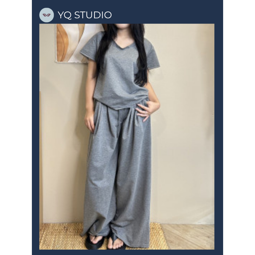 MG889 YQ KOREAN SHOP Inner Set  ชุดเซ็ทเสื้อคอวี+กก.ขายาวสีเทา ป้ายYQ