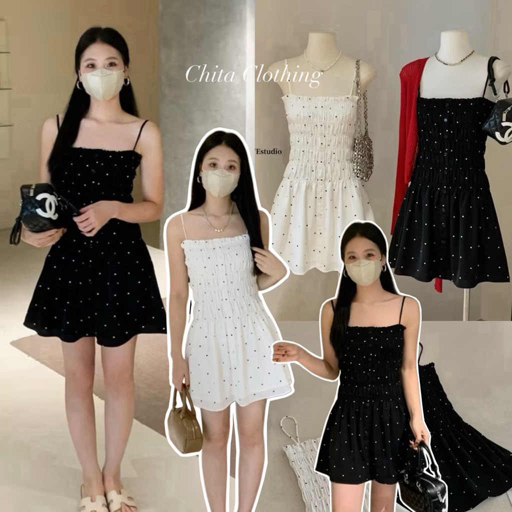 📍พร้อมส่ง📍5978💌#เดรสสายเดี่ยว ลาย polka dot ช่วงอกสมอครอบตัว เนื้อผ้าดี ทรงสวย  TAG:WG.WE 🇰🇷