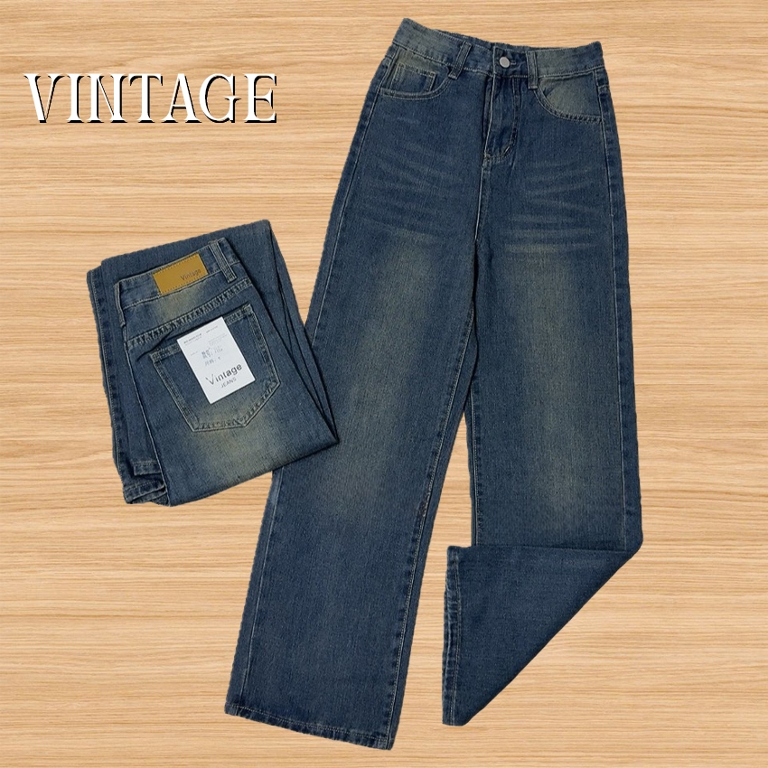 Vintage รุ่น #719 กางเกงยีนส์ ทรงกระบอก แต่งเฟดขา ทรงสวยผ้าไม่ยืด