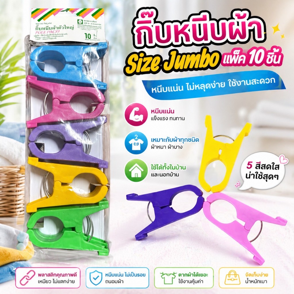 🧺 กิ๊บหนีบผ้า: ไซส์จัมโบ้ - แพ็ค 10 ชิ้น! คละสี คุณภาพ ราคาถูก ของพร้อมส่ง!