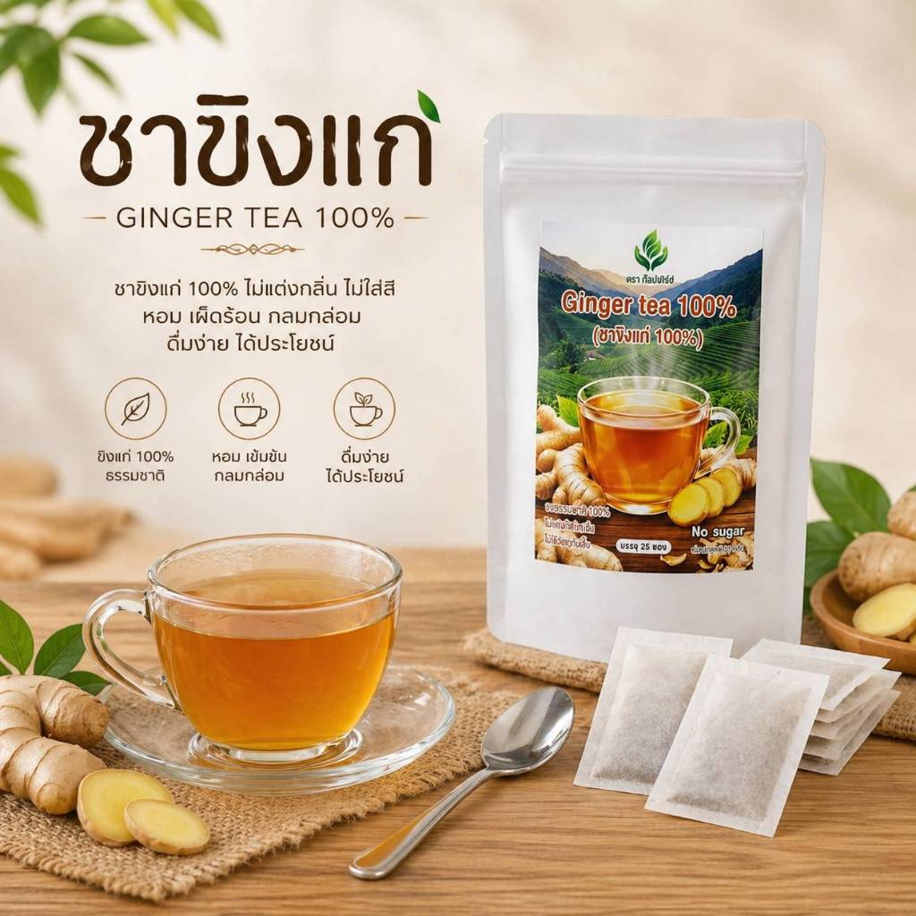 ชาขิง 100% Ginger tea ไม่มีน้ำตาล ท็อปเฮิร์ป