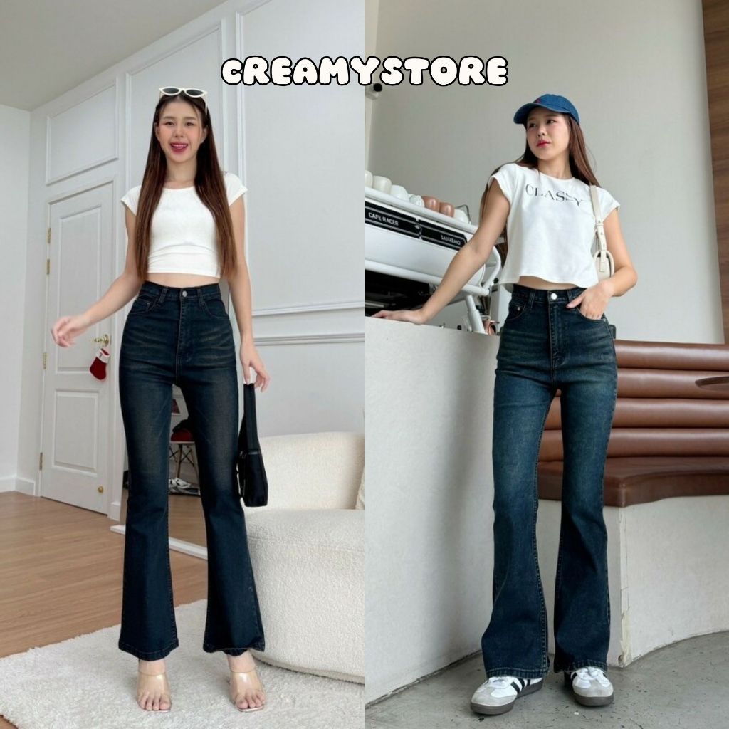 CreamyStore SALEกางเกงยีนส์ขาม้าเอวสูง ยีนส์ยืด ป้ายYam' jeans🍨