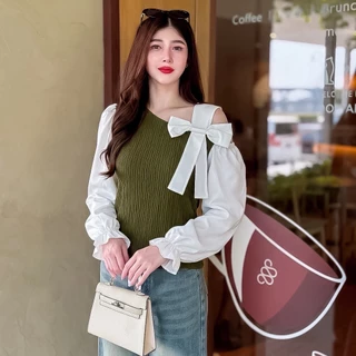 เสื้อแฟชั่น ผ้าเปลือกไม้ แขนยาวแต่งผ้าไหมอิตาลี เว้าไหล่แต่งโบว์ข้าง ใส่เที่ยว ใส่ทำงาน ใส่ออกงาน ใส่แมท LG264