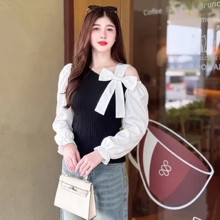 เสื้อแฟชั่น ผ้าเปลือกไม้ แขนยาวแต่งผ้าไหมอิตาลี เว้าไหล่แต่งโบว์ข้าง ใส่เที่ยว ใส่ทำงาน ใส่ออกงาน ใส่แมท LG264