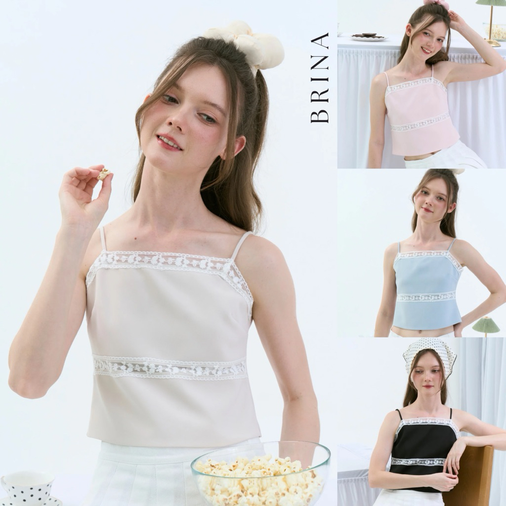 BRINA TOP (เฉพาะเสื้อ) สายเดี่ยวลูกไม้ลุคหวานละมุน ดีเทลลูกไม้ที่ขอบเสื้อและกลางเสื้อเพิ่มความน่ารัก