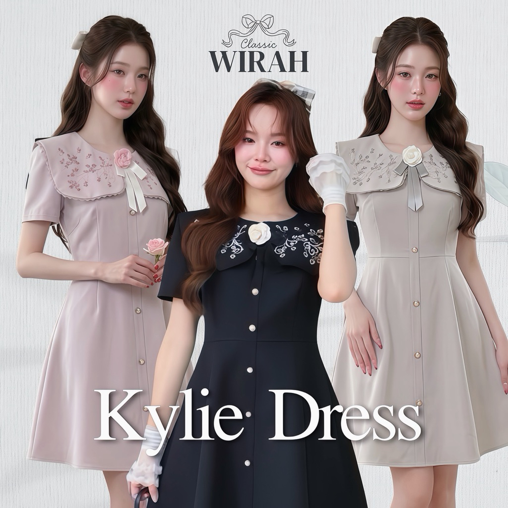 DW416 Kylie Dress ชุดเดรสดีไซน์สวยหวานสไตล์คุณหนู โดดเด่นด้วยดีเทลปกคอบัวขนาดใหญ่ปักลายดอกไม้