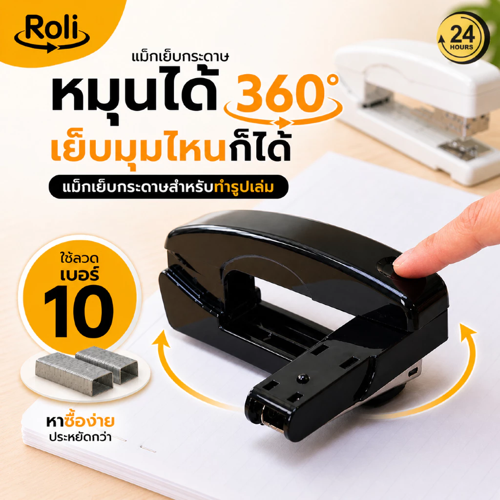Roli แม็กเย็บกระดาษหมุนได้ 360° ใช้ลวดเบอร์ 10 มีที่ถอนลวดในตัว แข็งแรง ใช้งานง่าย
