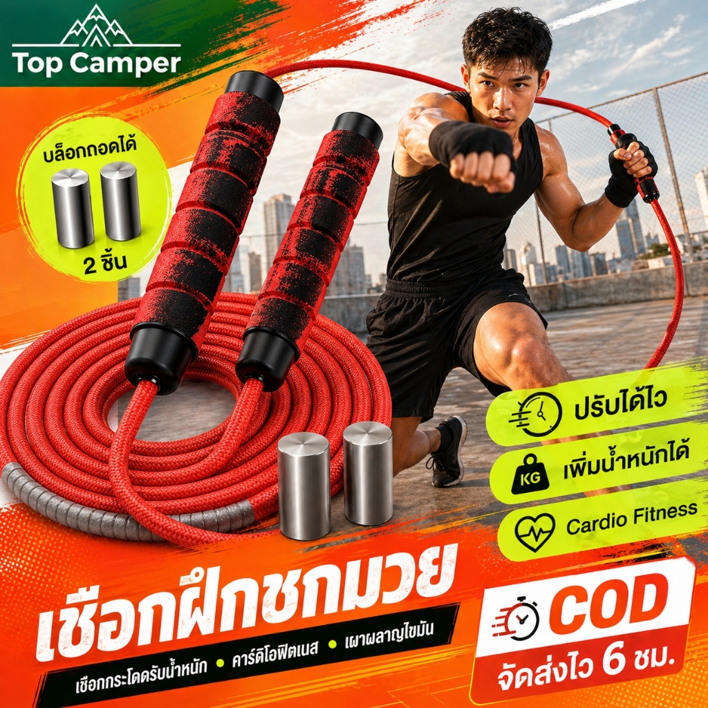 TopCamper 2026 เชือกนักมวย เชือกกระโดด หนาขึ้น มีเหล็กใน เสริมความแข็งแรงแบบเร็ว