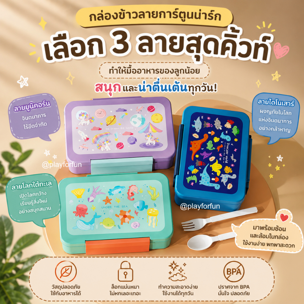 Lunch Box กล่องอาหารพกพา มีช่องแบ่ง พร้อมช้อนส้อม เข้าไมโครเวฟได้ สำหรับเด็กและผู้ใหญ่