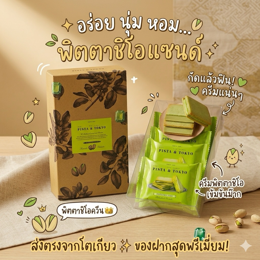 ‼️ร้านนี้ถูกที่สุด‼️PISTA & TOKYO Pistachio Sandwich Assortment ช็อกโกแลตรสพิสตาชิโอสลับกันระหว่างคุกกี้พิสตาชิโอ