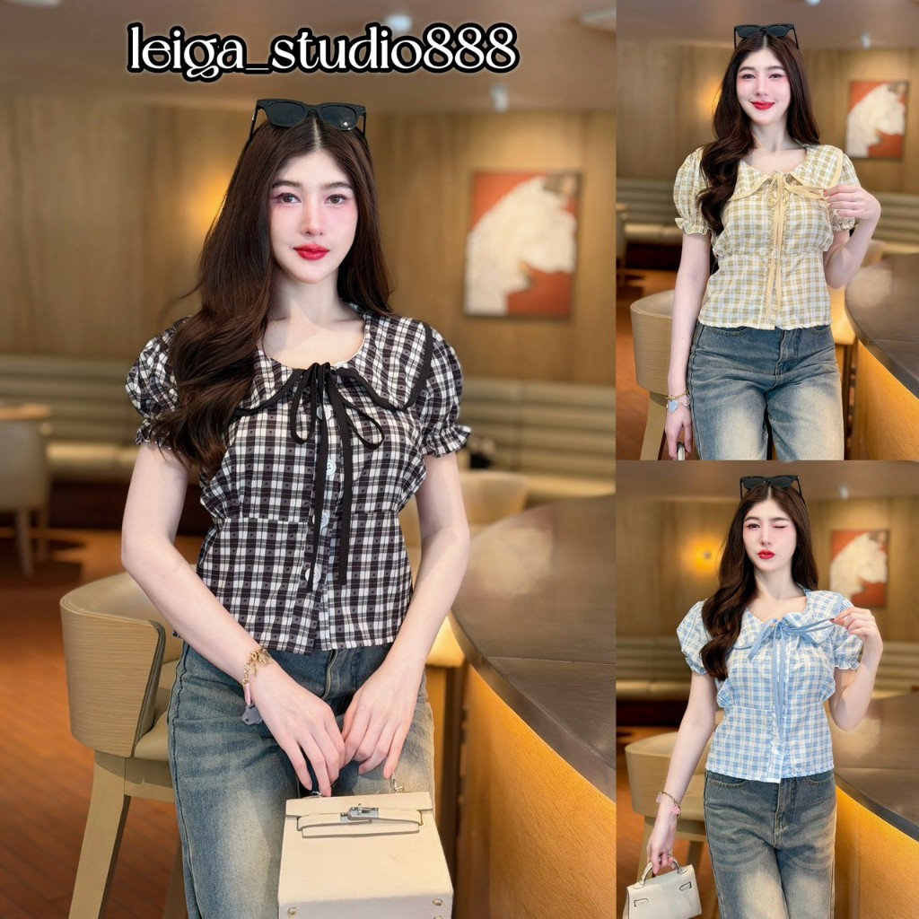เสื้อแฟชั่น ผ้าไหมอิตาลีพิมพ์ลาย น่ารักๆ แขนตุ๊กตา คอบัว กระดุมหน้า ผูกโบว์หน้า พร้อมสายผูกหลัง ใส่แมท สายคาเฟ่ LG280