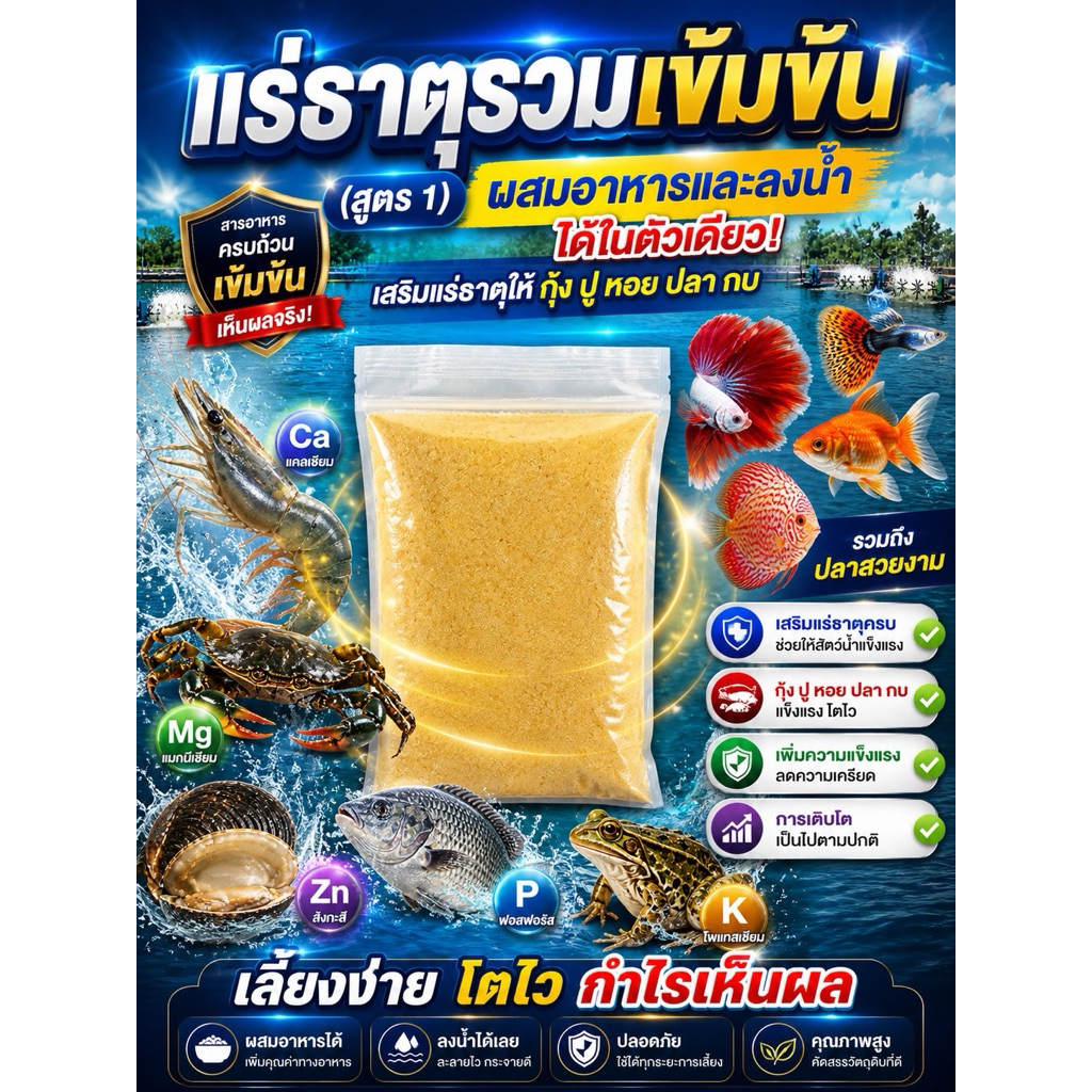 แร่ธาตุรวม เข้มข้น สูตร1 ผสมอาหาร ลงน้ำ กุ้ง ปลา ปลาสยงาม หอย กบ และสัตว์น้ำทุกชนิด 500กรัม