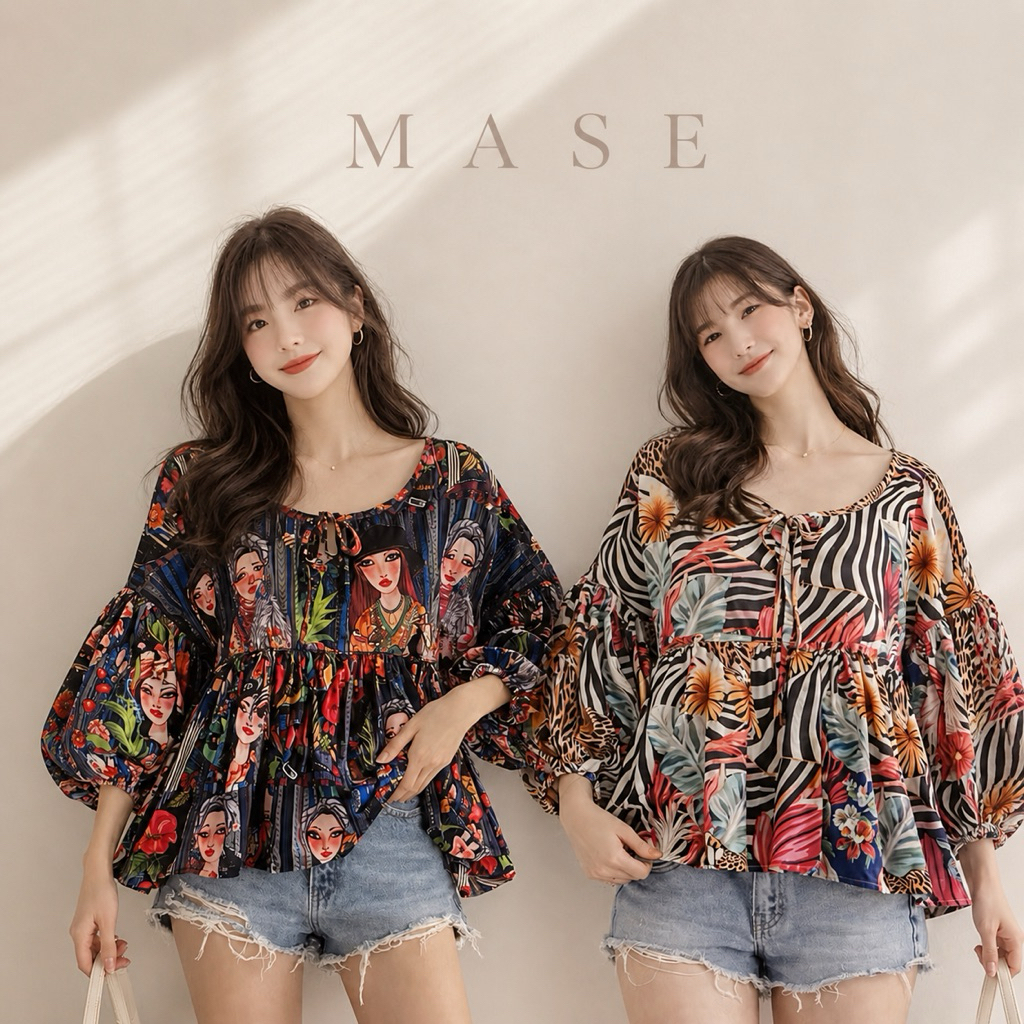 💓🦋เสื้อครอปแขนพองลายใบไม้สไตล์มินิมอล