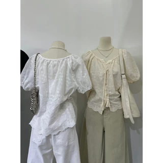 M2130 เสื้อปักลายฉลุแขนตุ๊กตา สไตล์วินเทจหวานละมุน