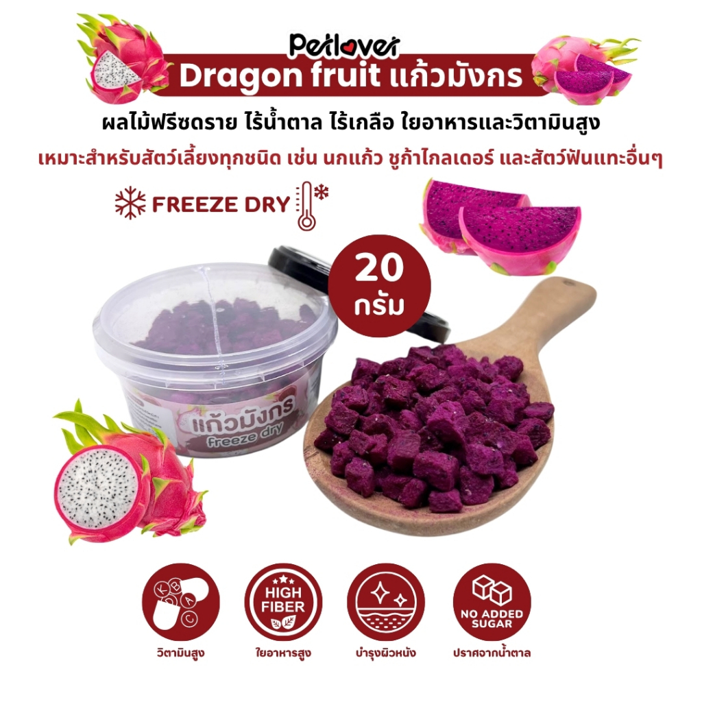 Dargon Fruit แก้วมังกร ฟรีซดราย ไร้น้ำตาล ไร้เกลือ อาหารนกแก้ว และสัตว์ฟันแทะทุกชนิด (กระปุก 20G)