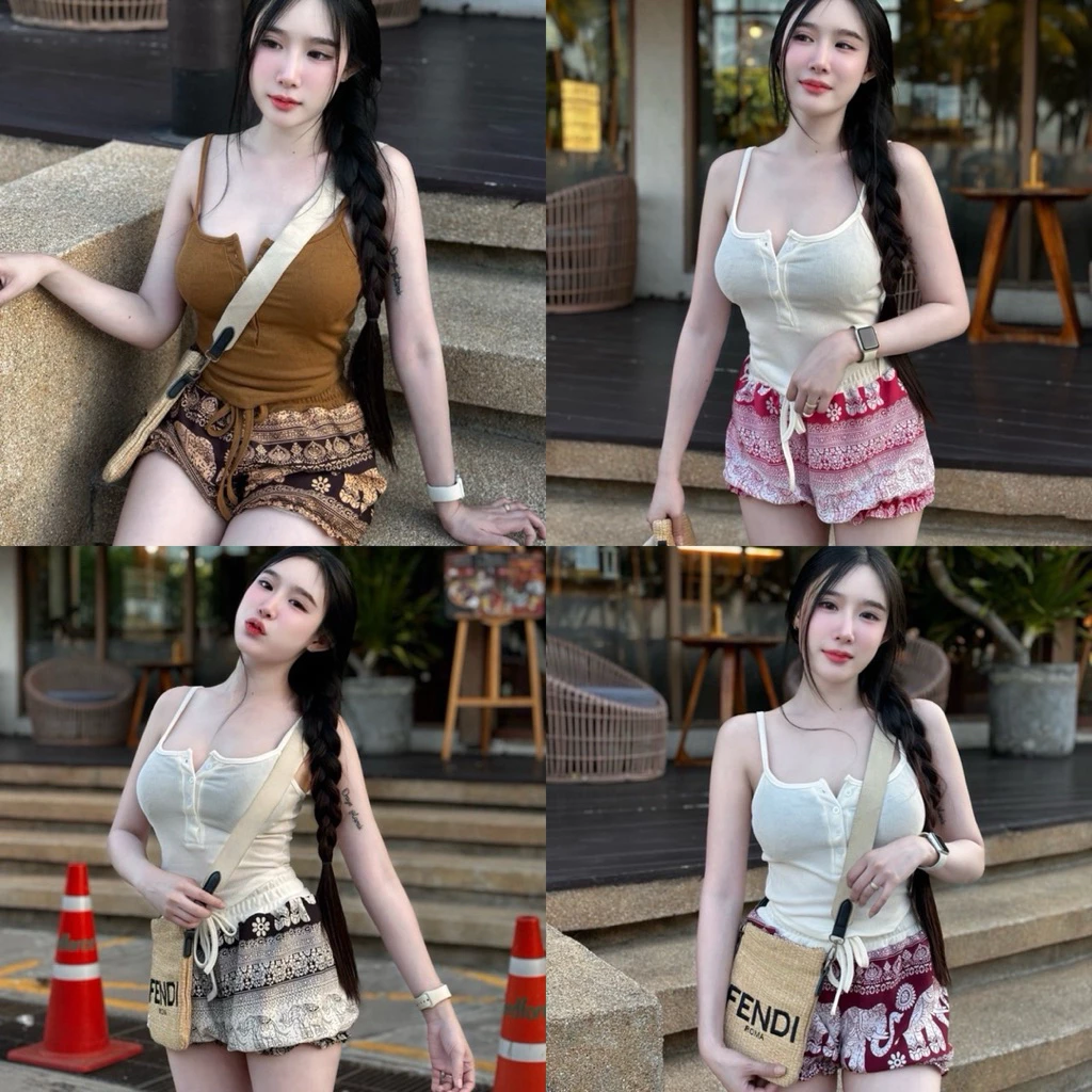 เซ็ท2ชิ้น เสื้อสายเดี่ยวเจาะโปโลคู่กางเกงช้างขาจั้ม (E2)