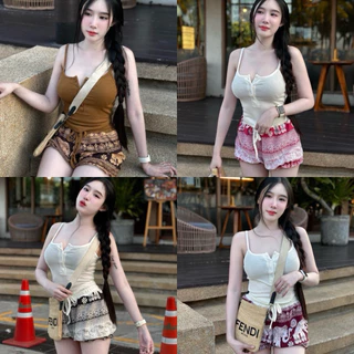 เซ็ท2ชิ้น เสื้อสายเดี่ยวเจาะโปโลคู่กางเกงช้างขาจั้ม (E2)