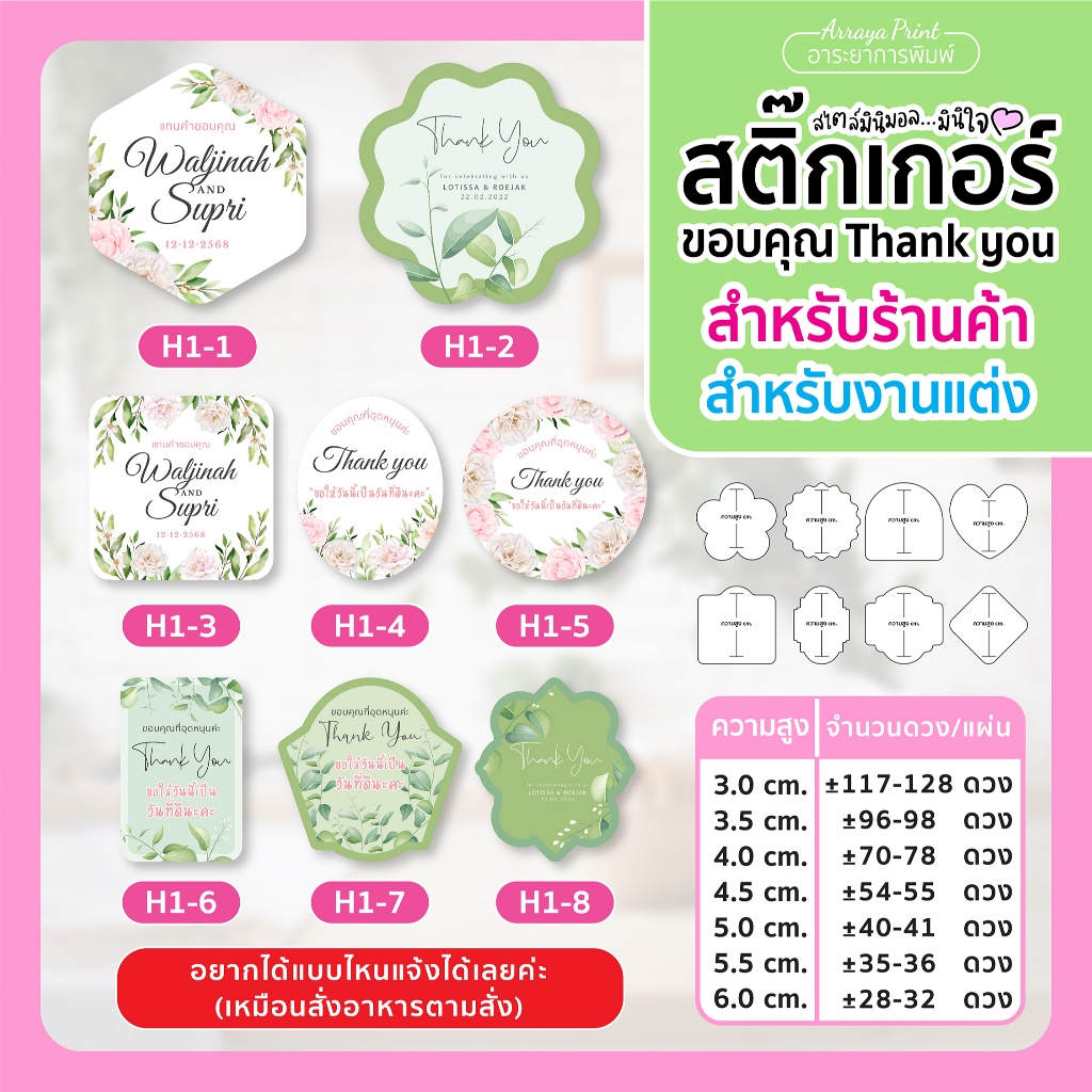 สติ๊กเกอร์ขอบคุณ งานแต่ง งานเกษียณ H1-H4 ของชำร่วย PPกันน้ำ ไดคัท เปลี่ยนชื่อฟรี อาระยาการพิมพ์