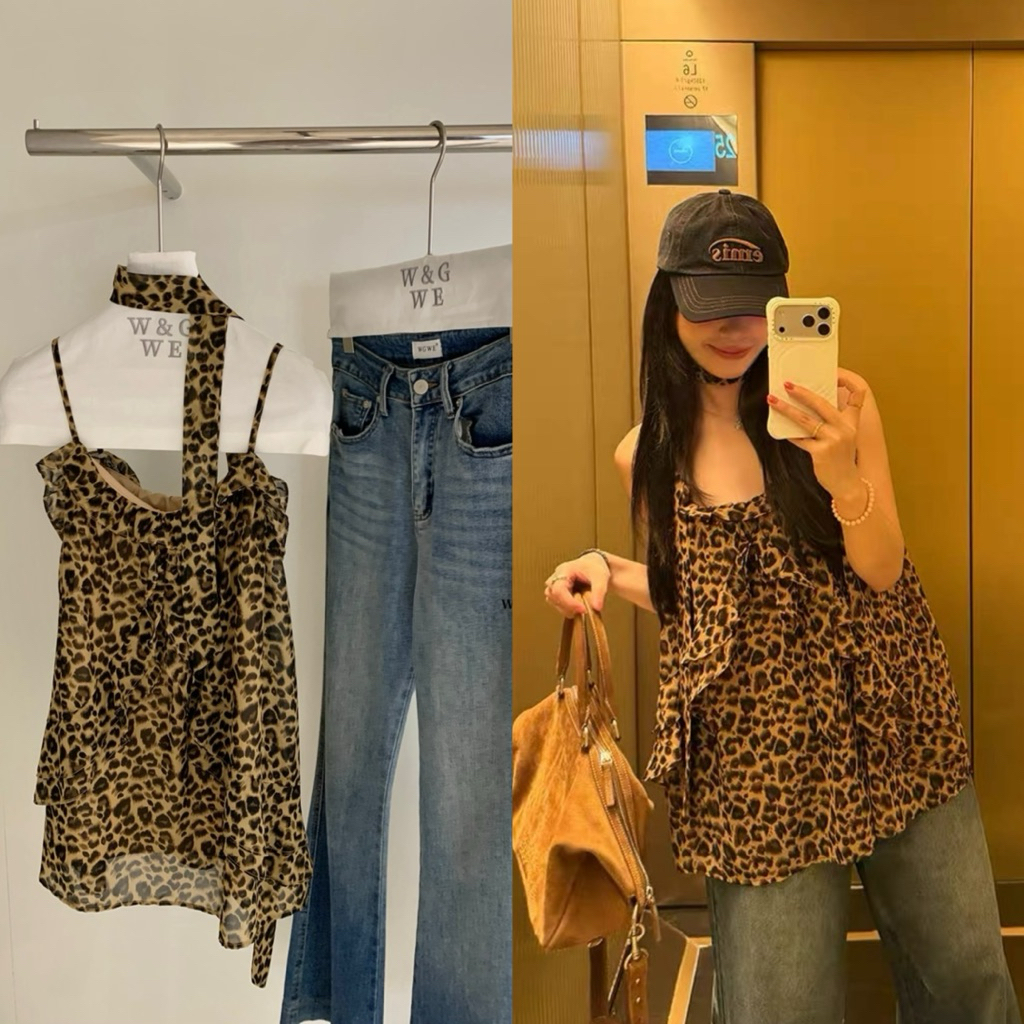 9397#เสื้อสายเดี่ยวลายเสือ สายปรับได้ มีซับใน + มีเชือก1เส้น เนื้อผ้าดี งานสวย  TAG:WG.WE 🇰🇷