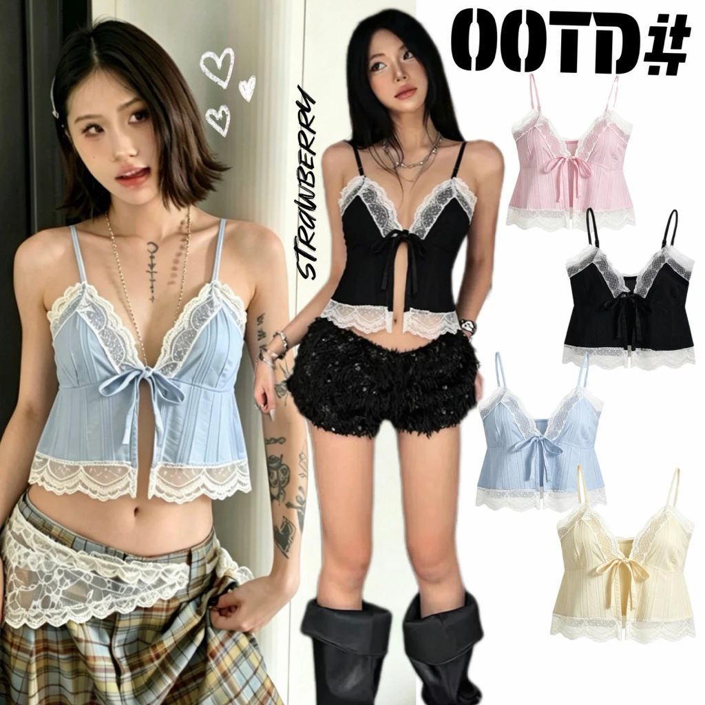 STR พร้อมส่ง🫦👙เสื้อสายเดี่ยว เสื้อลูกไม้ ผ้างานปักดอกไม้ เปิดหน้าอกดีเทลเชื่อกผูกแต่งระบายลูกไม้ เซ็กซี่แฟชั่นผู้หญิง
