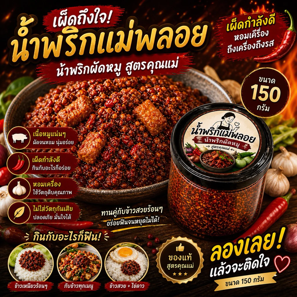 น้ำพริกผัดหมู แม่พลอย 150 กรัม น้ำพริกหมู ผัดแห้ง คลุกข้าวสวยร้อนๆ ถูกหลักอนามัย ไม่ใส่วัตถุกับ