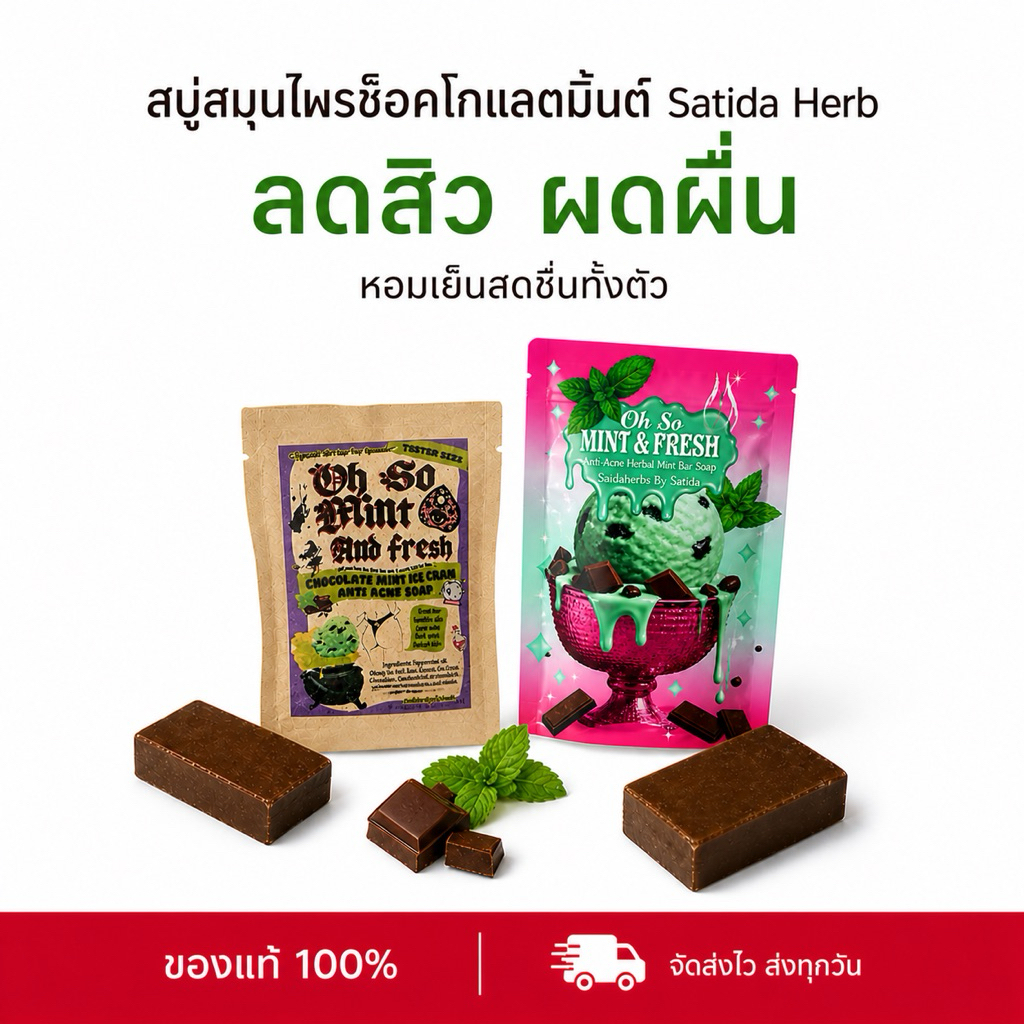 ของแท้100%✨สบู่สมุนไพรช้อคโกแลตมิ้นต์ 15g.(tester) Satida Herb ลดสิว เย็นสดชื่น