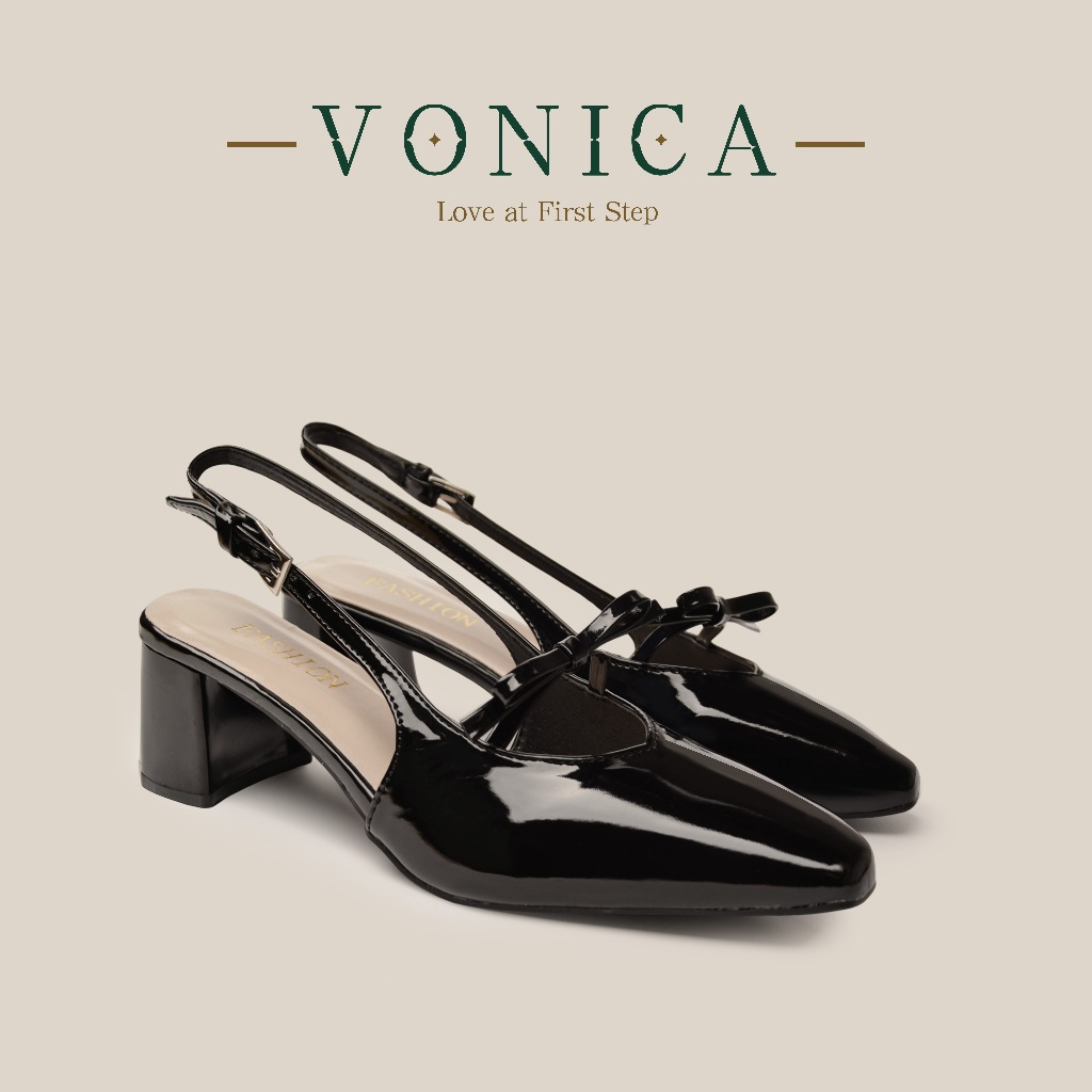 VONICA รองเท้าแตะหุ้มส้นหนังเงา ทรงเหลี่ยม โบว์ สายคาดหลังปรับได้ ส้นหนา ใส่สบาย ไม่เมื่อยเท้า รองเท้าทำงาน 2026