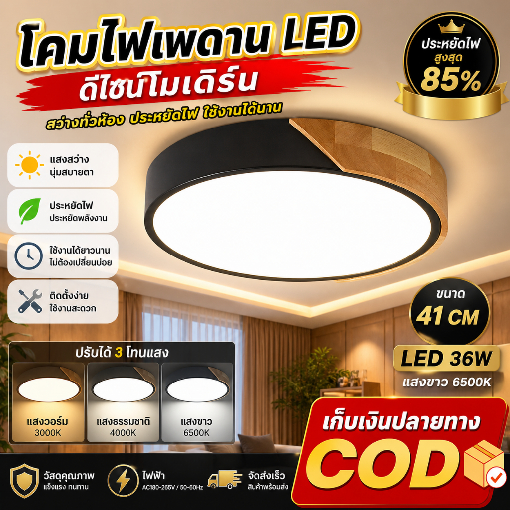 ไฟเพดาน ทำด้วยไม้ 36W 48W LED โคมไฟเพดาน ไฟวงกลม โคมไฟติดเพดาน โคมไฟ3สี รีโมทคอนโทรลสามารถปรับแสงได้