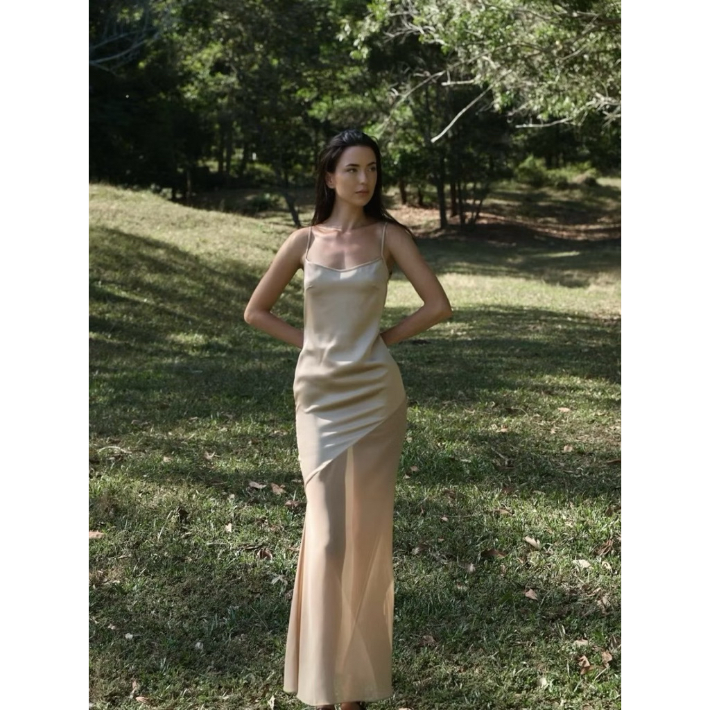 CHANUN-Tiffany Dress เดรสสายเดี่ยวเรียบหรู ซาติน+ชีฟอง (CN-081) สี Taupe ไซส์M
