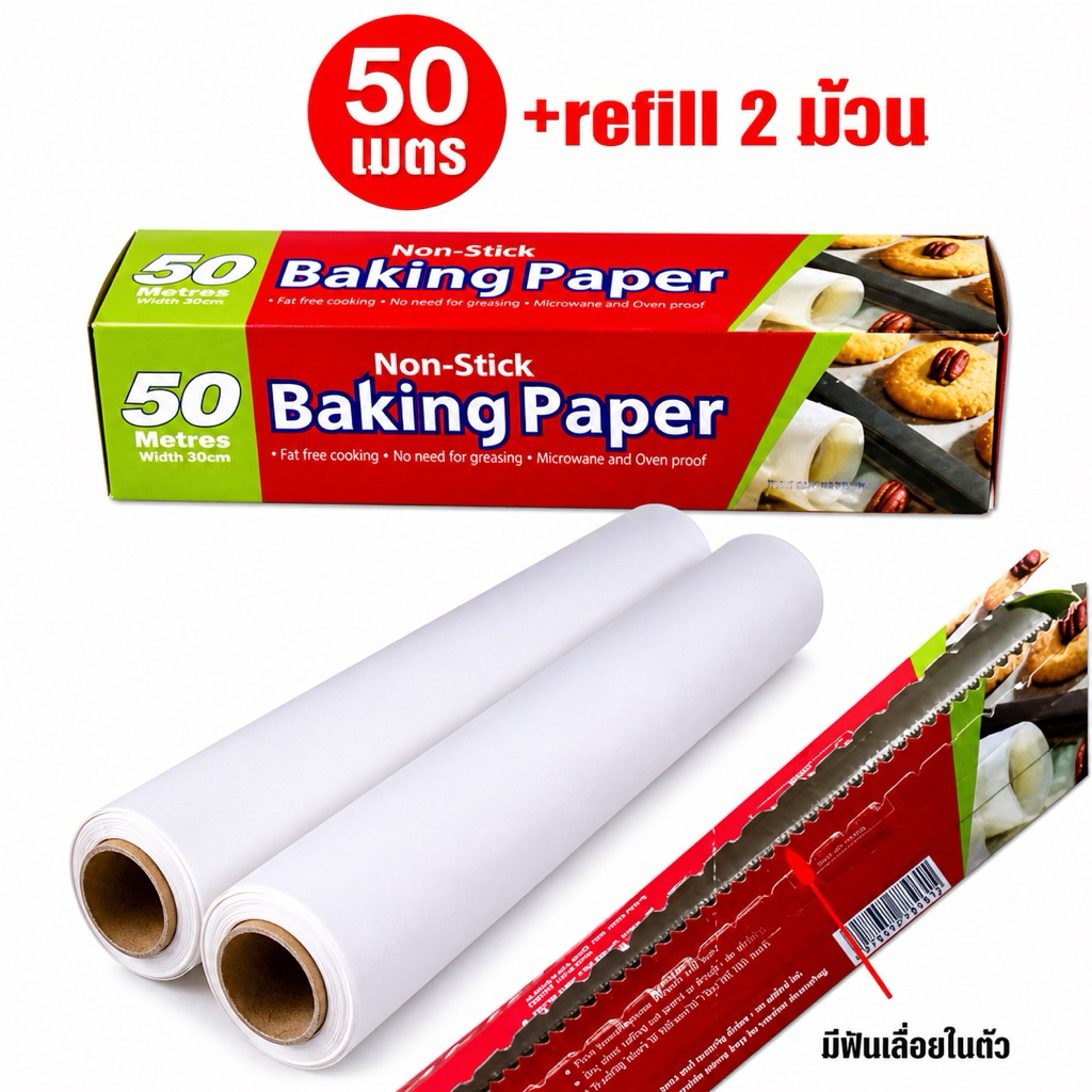 กระดาษไขรองอบสีขาวยาว 50 เมตร พร้อมฟันเลื่อยตัดกระดาษ(ไดคัท)  อุปกรณ์เบเกอรีสำหรับรองอบเค้ก