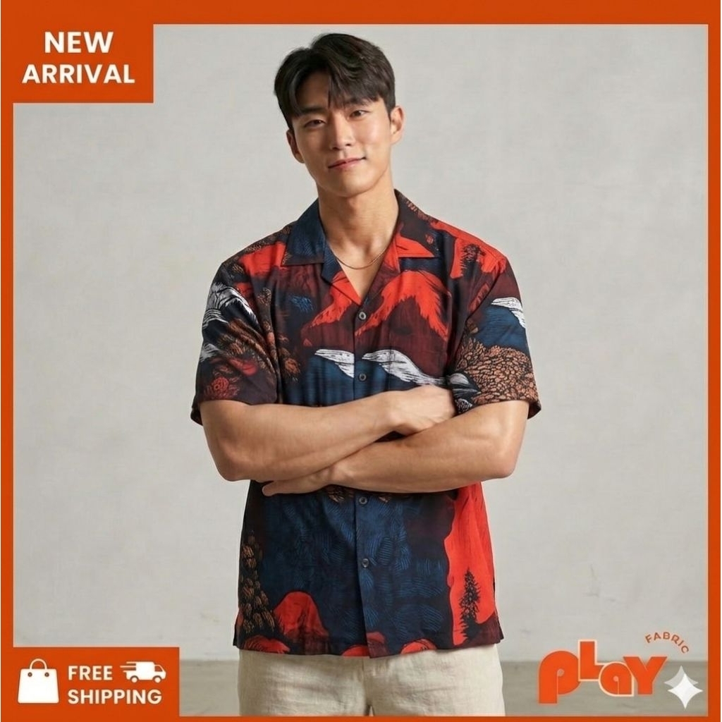 PLAY FABRIC เสื้อฮาวาย ลาย mountain volcano ผ้าไหมอิตาลี่ สาย camping ใส่สบาย ระบายอากาศดี ไม่ต้องรีด