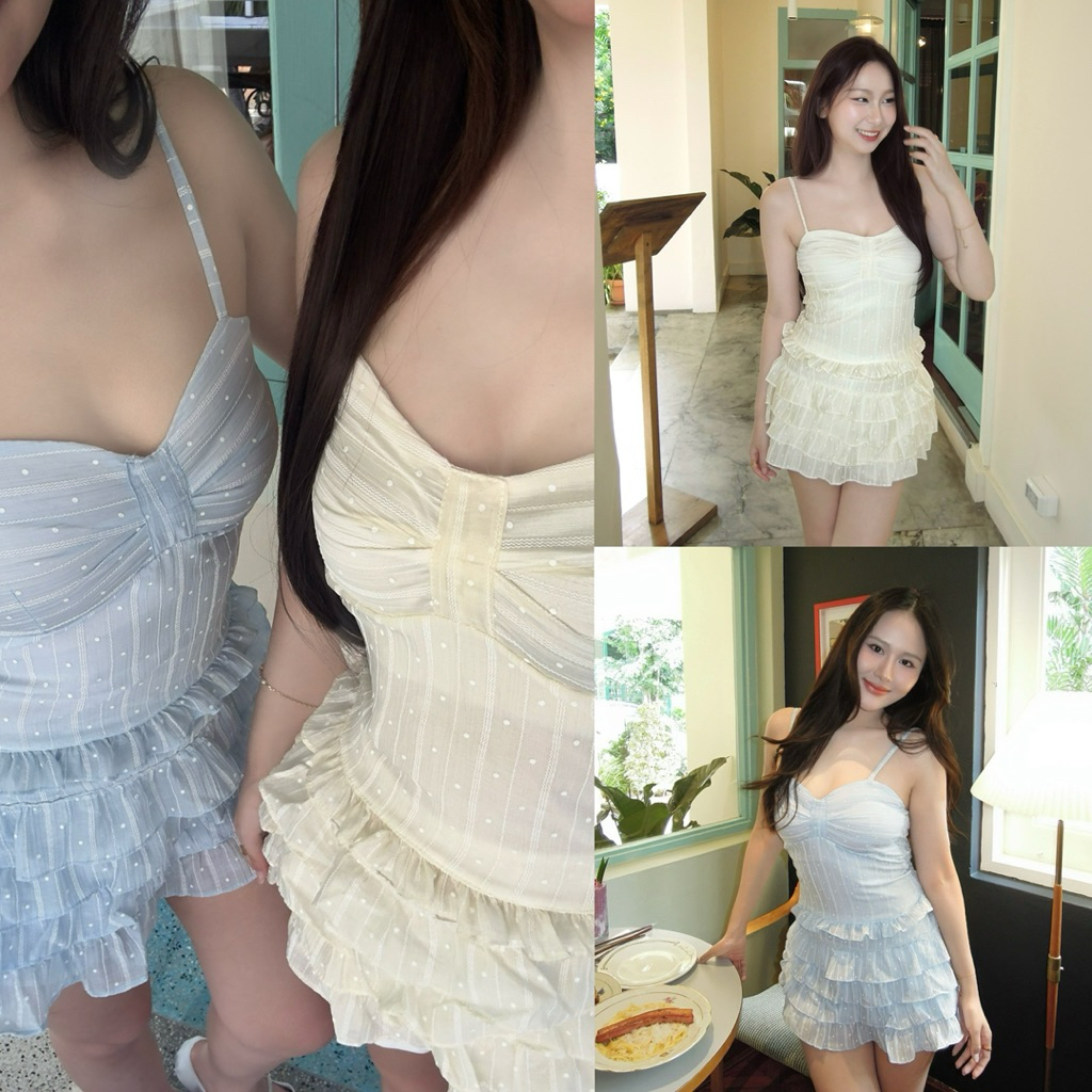 เซทสายเดี่ยว + กระโปรงสั้น ลายจุด ผ้าโรซี่ เซท 2 ชิ้น | Rosie Dot Cami Set