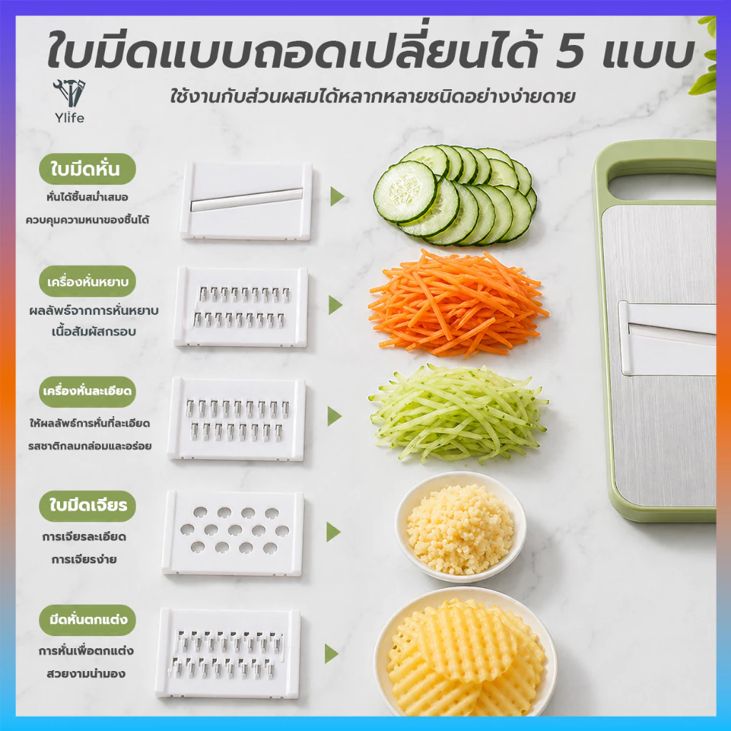 Ylife เครื่องหั่นผักผลไม้ เครื่องหั่นผัก ที่สไลด์ผัก มัลติฟังค์ชั่น ใบมีดสแตนเลส ที่ขูดผัก มี5ใบมีด