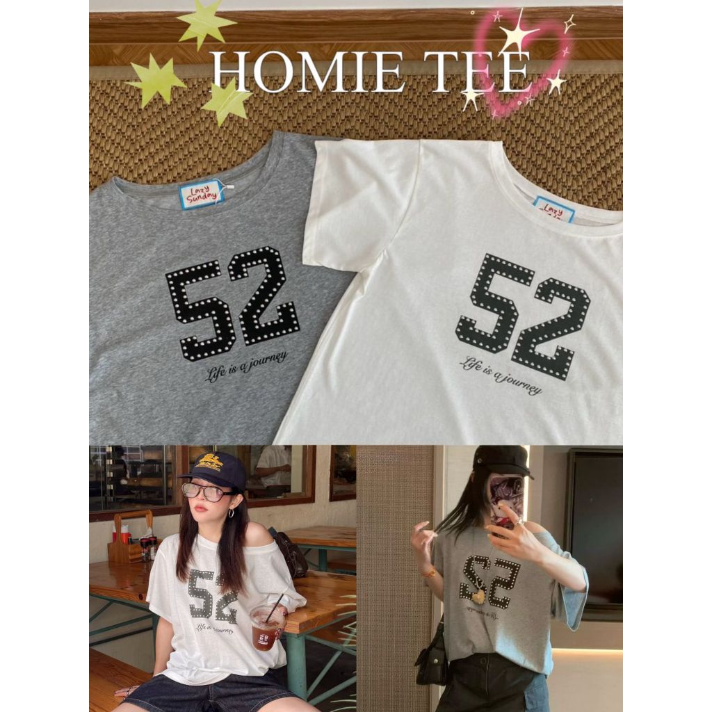 Lazy - cc - HOMIE TEE - เสื้อแขนสั้นปาดไหล่ แต่งอะไหล่หมุด (ส่งด่วน)