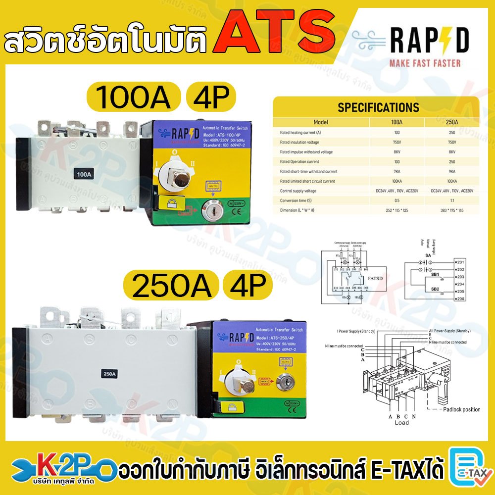 RAPD สวิตช์อัตโนมัติATS มีให้เลือก 100A/250A 4P AUTOMATIC TRANSEER SWITCH สวิตช์ ATS
