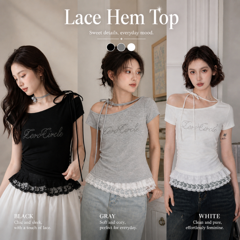 Thesummernade Lace Hem Top เสื้อสายเดี่ยวแขนสั้นผู้หญิง ดีไซน์ไหล่เฉียงทันสมัย สไตล์หวาน สไตล์แฟชั่น