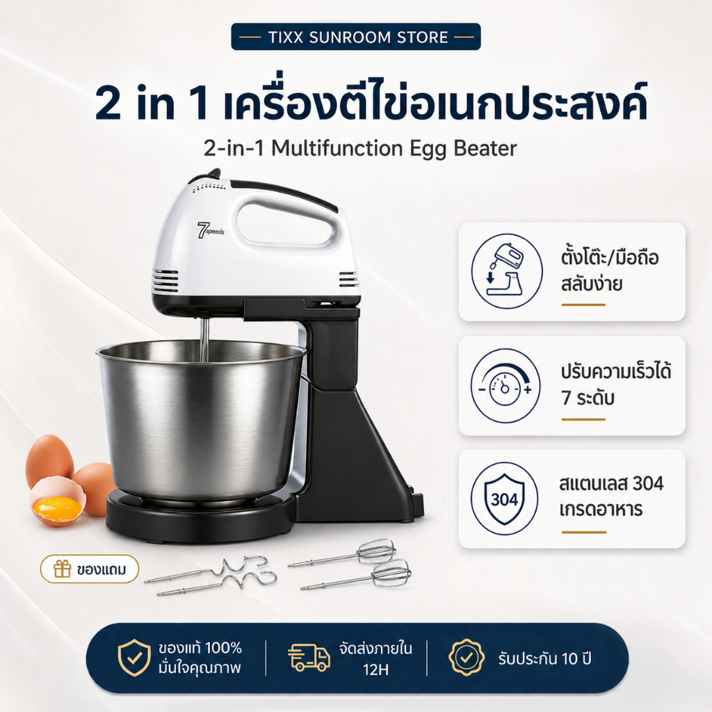 เครื่องตีไข่ไฟฟ้า อเนกประสงค์ เครื่องตีแป้ง 7 speed 150W สามารถถือใช้งานได้ การอบ ตีไข่ ตีครีม Tixx