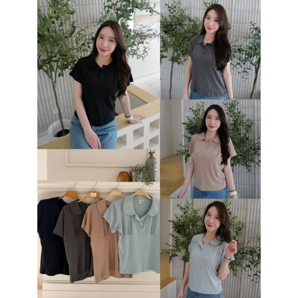 เสื้อ ’แขนสั้น‘ คอบัวลายฉลุ Pointelle แต่งจีบหน้าอก