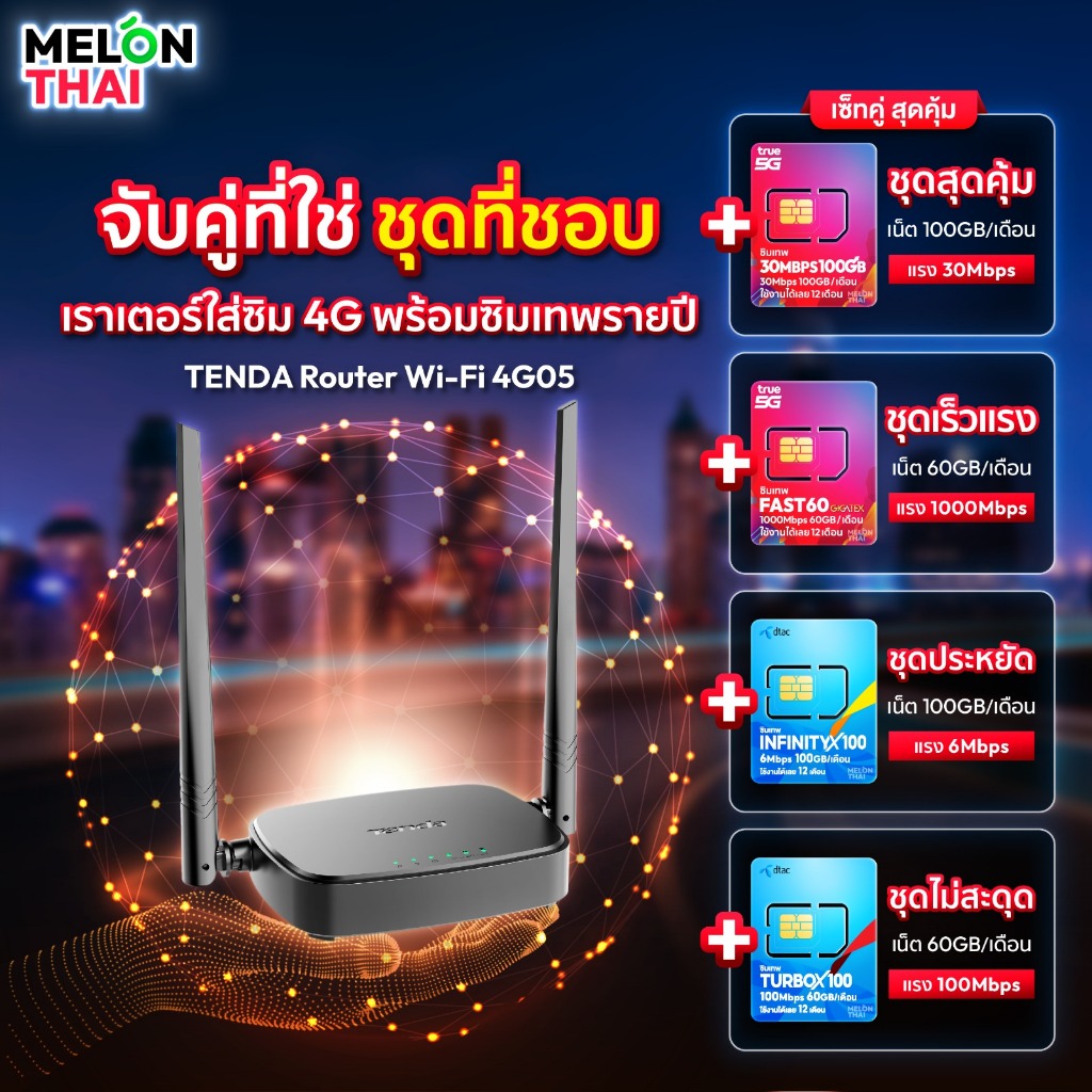 เราเตอร์ + คู่ซิม TENDA 4G05 Wi-Fi 4G LTE Router N300 ประกันศูนย์ 4 ปี เพียงใส่ซิมใช้งานได้เลย Melon
