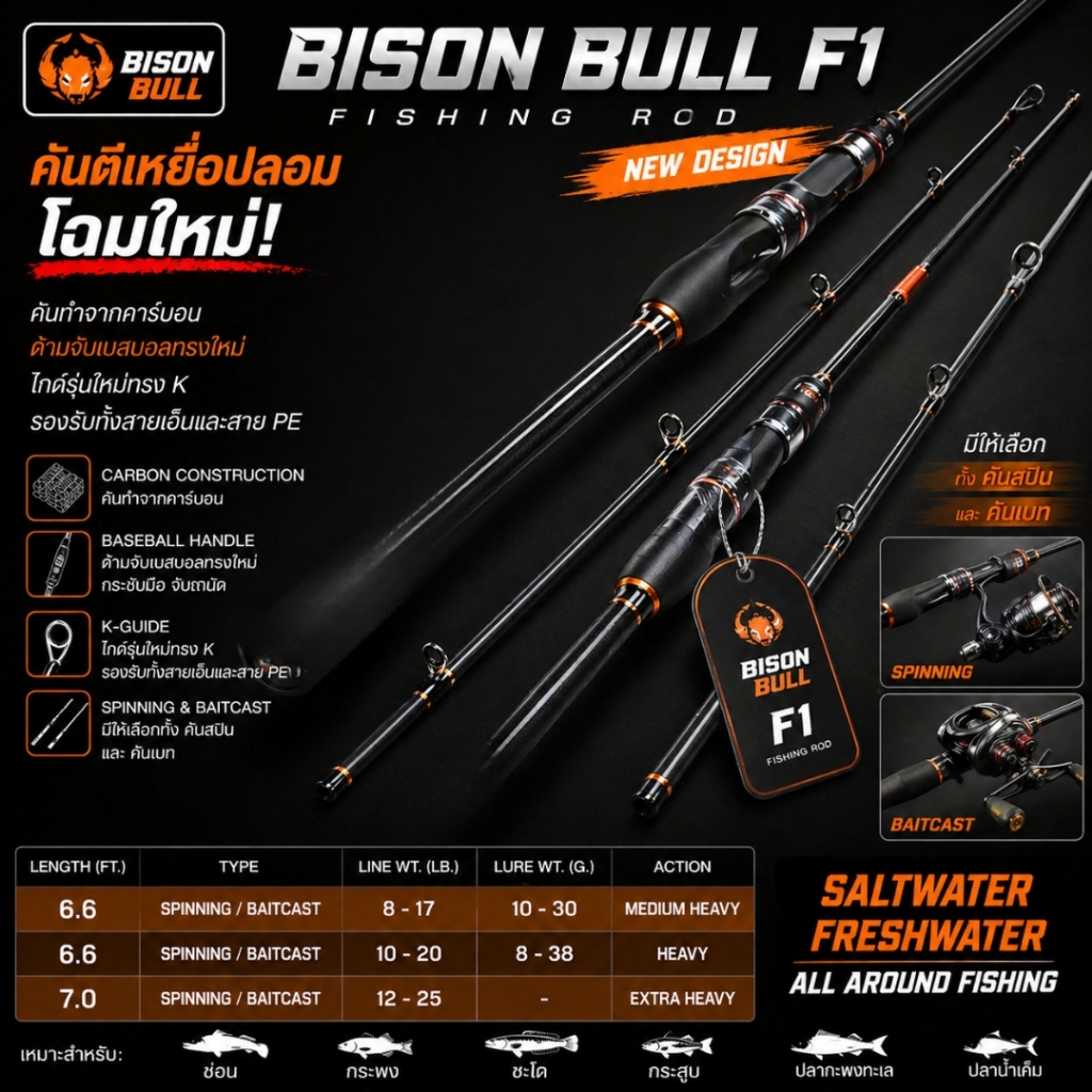 [ ของแท้ ]  คันตีเหยื่อปลอม คันไบซัน Bison Bull F1 ซองส้ม ใช้งานง่าย ได้รับความนิยมสูง