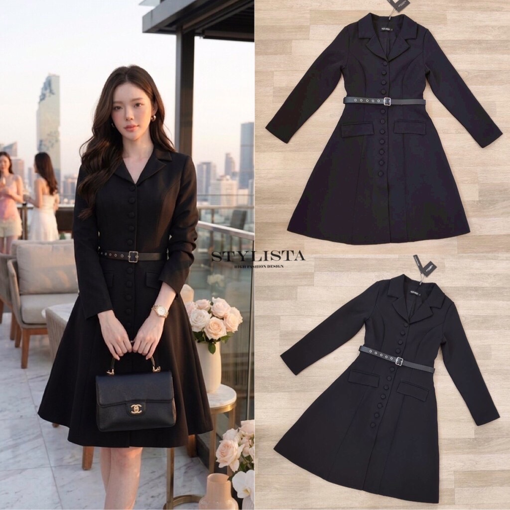 STYLISTA Dressสีดำคลาสสิกดีไซน์คอปกสูท