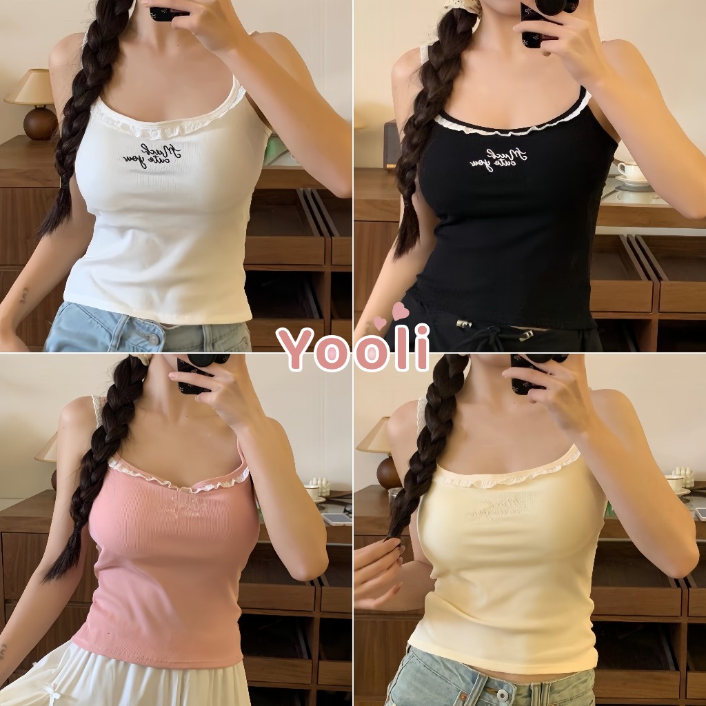 เสื้อสายเดี่ยว มีฟองน้ำ ดีเทลปักลายตัวอักษร ผ้าเนื้อนุ่มสบาย เสื้อกล้ามผู้หญิงตัวยับ ใช้คู่ได้ทุกชุด สีสวย' FY1072
